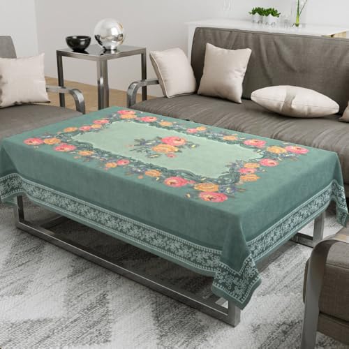 Image of Cloth Fusion Rectangular Velvet Floral Centre Table Cover Cloth, Table Cloth With Elegant Floral Pattern For Living Room (40x60 Inch, Turquoise)