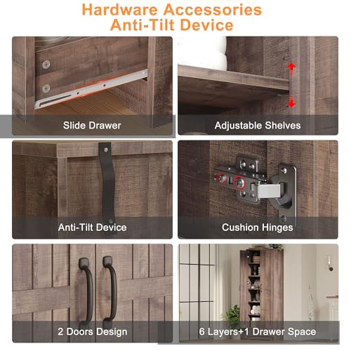 Image of Decofy 70 inch Tall Storage Cabinets, Large Wood Storage Pantry Cabinet with 6 Adjustable Shelves, 2 Striped Doors & Drawer, Standing Utility Cabinet for Kitchen, Bathroom, Dining Room, Antique (Brown)