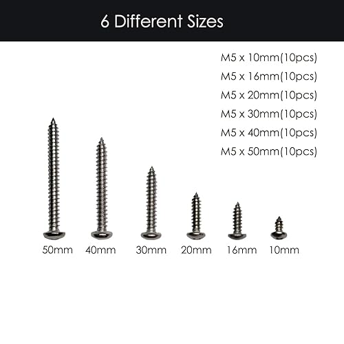 Miniatura 3 de Juego de 60 tornillos autorroscantes de acero inoxidable 304 M5 x 0.394 in0.630 in0.787 in1.181 in1.575 in1.969 in 304, tornillos de metal para