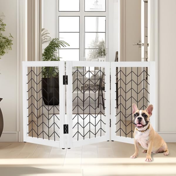 Freestanding Dog Gate - 3-Panel Foldable Indoor Pet Fence - 55x24-Inch Sturdy Metal and Wood Dog Gate - Pet Barrier for Stairs, Hallways, Doorways, or Small Openings by PETMAKER (White)