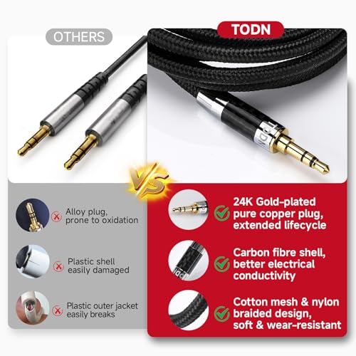 Image of TODN Hi-Fi AUX Cord, O-C-C Cores 3.5mm Audio Cable, Audiophile AUX to AUX Cable for Car /Stereo /Headphone /PC (6.5ft /2m, 90 Degree)