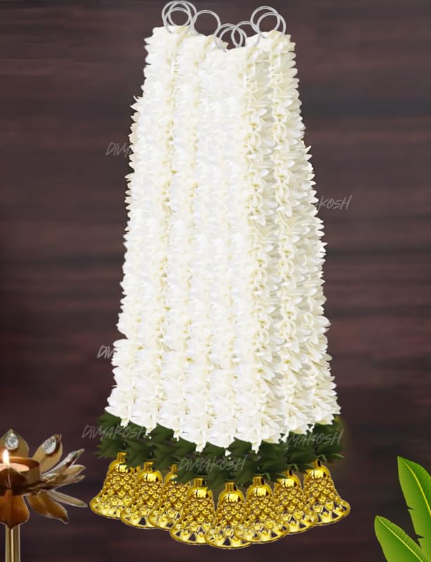 Image of Divyakosh Garlands for Home Decoration, Gajra Hangings (Pack of 6 Latkan, Size 14 Inch Each) | Offwhite Fabric Jasmine Flower with Golden Bell | Flower Garlands for Home Decoration |