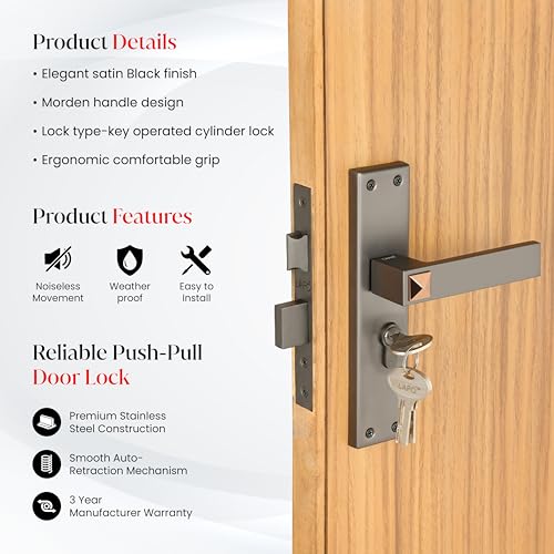 Image of LAPO Mortise Door Lock for Home Main Door & Bedroom with Handle | Heavy-Duty 60mm Cylinder | Left-Right Fit 30-50mm Door Home Office Hotel | 3 Brass Keys | 45x45mm Body | Black Finish | CY-132
