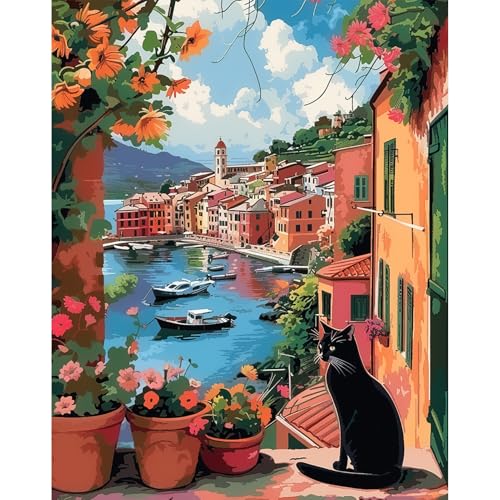 DAERLE Flor con gato negro Pintar por Numeros Adultos, DIY Painting by Numbers Kits, Pueblo costero, Cuadros para Pintar por Numeros Pinturas Acrilicos, decoración para el hogar 40x50cm Sin Marco