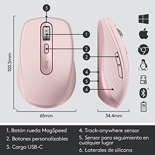 Image of Logitech MX Anywhere 3 Compact Performance Mouse - Wireless, Magnetic Scrolling, Ergonomic, 4000DPI Sensor, Custom Buttons, USB-C, Bluetooth, Apple Mac, iPad, Windows PC, Linux, Chrome - Rose