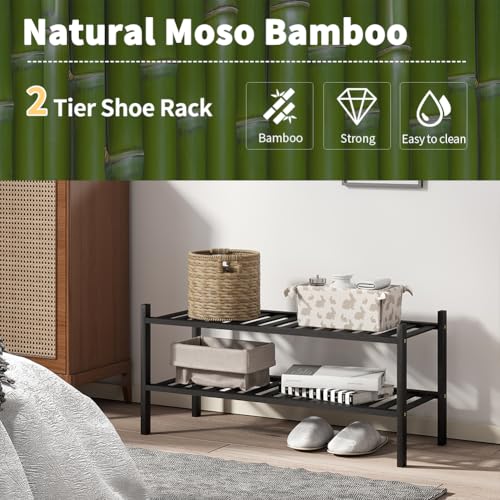Image of Shoe Rack, 2-Tier Bamboo Stackable Shoe Shelf Storage Organizer, Shoe Stand for Closet, Entryway and Hallway