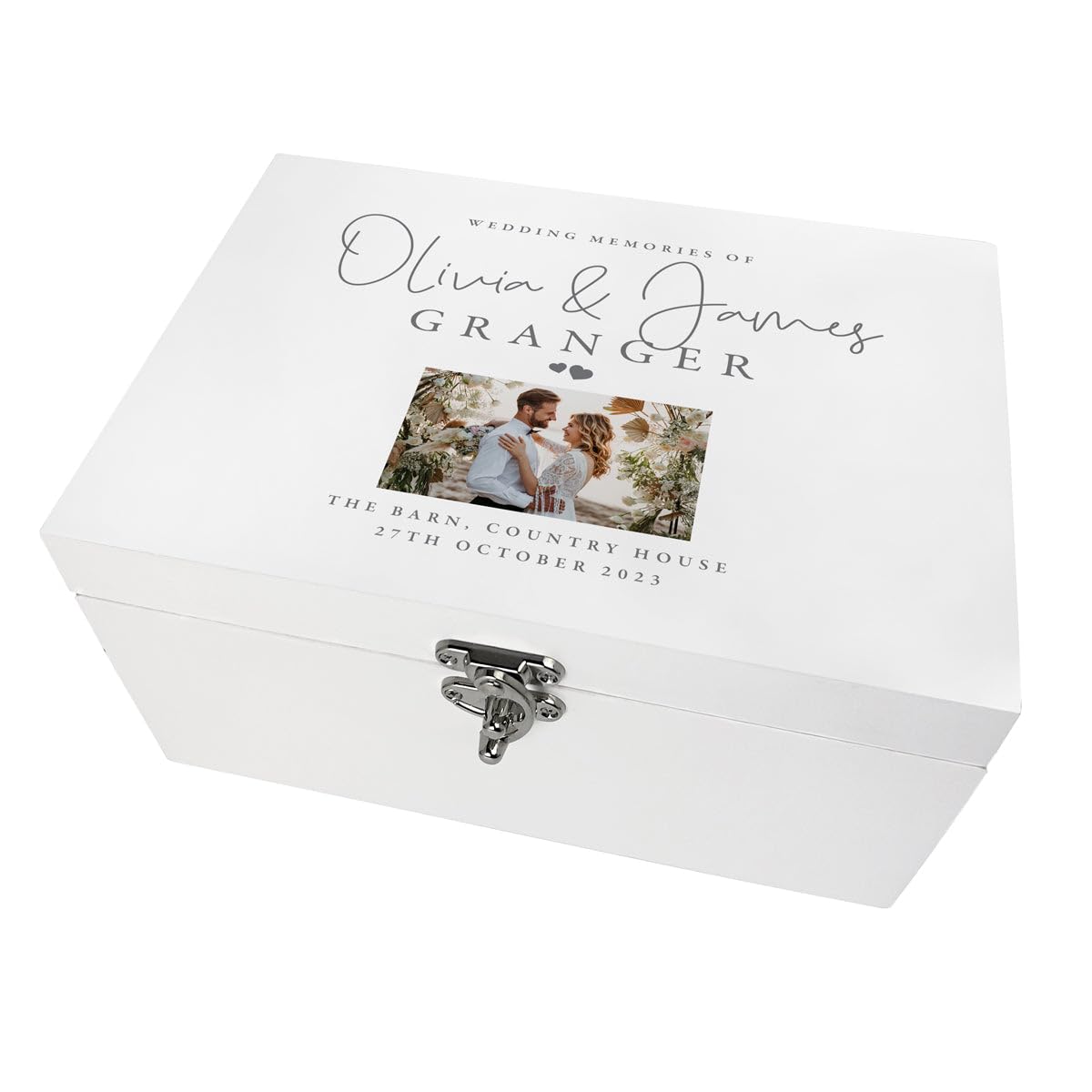 Caja de recuerdos de boda personalizada de lujo, color blanco, línea superior, nombres personalizados, apellidos, ubicación y fecha, regalo de boda, 27 x 19 x 14 cm
