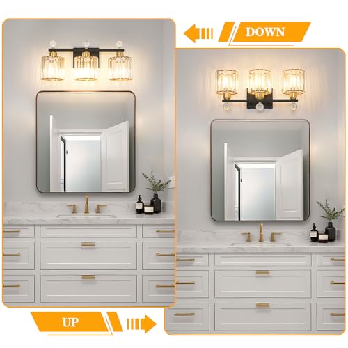 Image of Lxybcce Black and Gold Bathroom Vanity Light, 3-Lights Crystal Vanity Lights for Bath, Modern Bathroom Light Fixture Over Mirror, Wall Mount Lights with Clear Crystal Glass for Bedroom Living Room