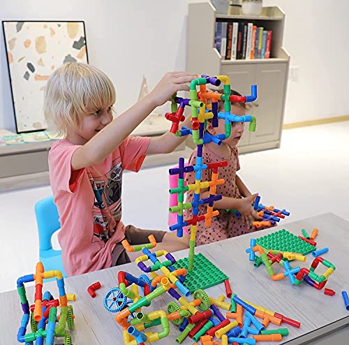 burgkidz Pipe Tube Toys, 176 Stück Klassische Bausteine Zusammenbau Steckbausteine Spielzeug mit Rädern und Grundplatte… – Bild 5