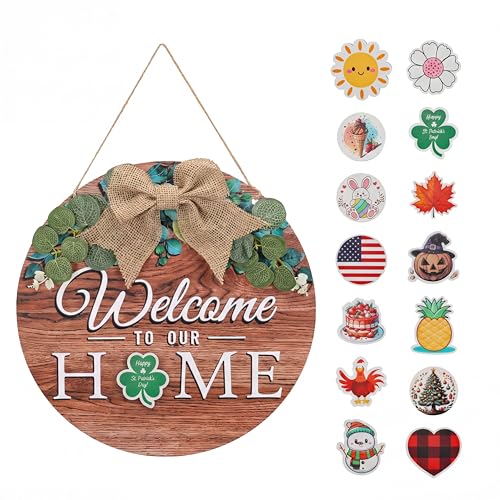 Giftgarden Welcome Home Sign for Front Door with 14 Changeable Icons, Seasonal Door Wreaths Outdoor Porch Decor, All Season Holiday Housewarming Gift
