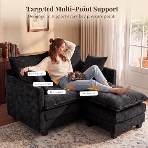 Image of Loveseat Sofa with Ottoman, Cloud 3-Layer Cushion, 27 inch Deep Seat Love Seat Small Couch with 2 Pillows for Small Spaces, Bedroom, Apartment, Office, Living Room, in a Box, 50-Inch Black