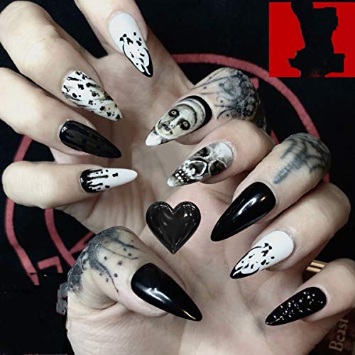 Gothic Punk Stiletto Halloween Press on False Nails,Long Glossy Black Almond Fake Nails,Skull Full Cover Acrylic Nail Tips for Women&Girls 24PCS