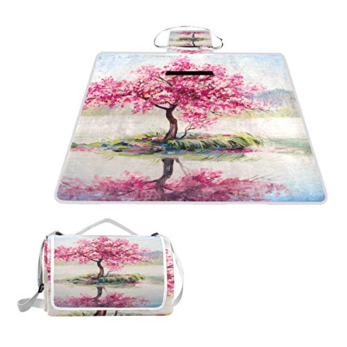 LZXO Jumbo-Picknickdecke, faltbar, Aquarell, Kirschblüte, groß, 145 x 150 cm, wasserdicht, handliche Matte, kompakt, Outdoor-Matte mit Griff für Outdoor-Reisen, Camping, Wandern.