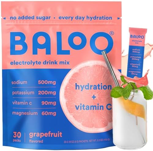 Baloo Electrolyte Drink Mix – No Added Sugar Hydration Powder with Magnesium, Potassium, Sodium & Vitamin C – Grapefruit Flavor – 30 Stick Packs