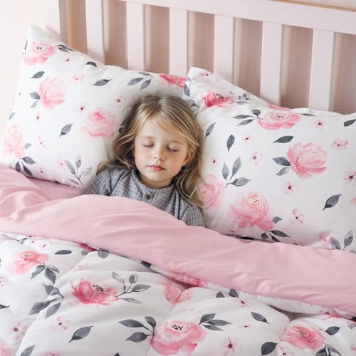 Image of PHF 5 Piece Kids Comforter Set, Ultra Soft Twin Size Comforter Sets Include Comforter, Fitted Sheet, Flat Top Sheet, Pillowcase, Sham for Girls, Floral Bed in A Bag for Baby Bedroom, Floral