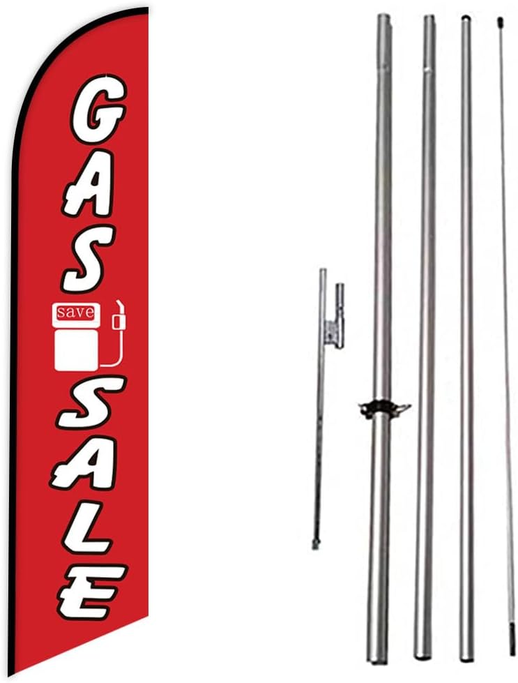 Gas Sale Advertising Feather Banner Swooper Flag Sign with 15' FT Pole Kit and Ground Stake