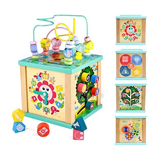 Fajiabao Wooden 5 in 1 Activity Cube Center Multifunction Toys Bead Maze Shape Sorting Gears Sliding Board Games Montessori Counting Beads Toddler Early Learning for Boy Girl 3 4 5 Year Old