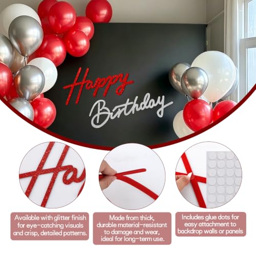 Image of TONIFUL Happy Birthday Sign for Backdrop - Glitter Red Silver Felt Banner - Includes Dot Glue - Perfect for Birthday Party Backdrop,Wall Decr,Balloon Arch,Photo Background