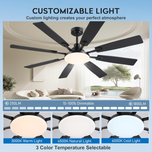 Image of JSAITEE 60In Ceiling Fans with Lights - Black Low Profile Fan Light with 8 Blades, 6 Wind Speeds Reversible, Dimmable, Modern Light Fixture for Indoor Living Room, Kitchen, Coverd Patios