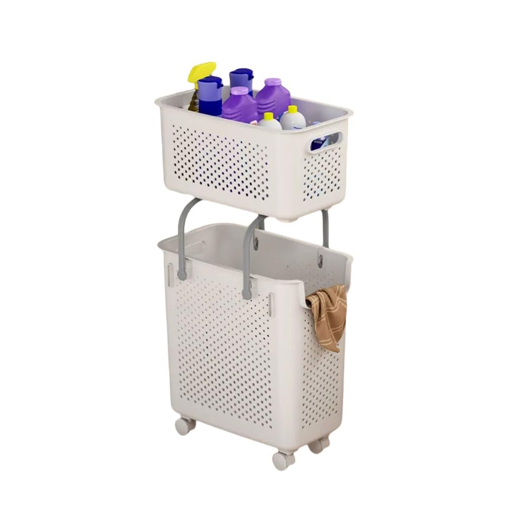 HRGKLMN Two-tier laundry basket made of plastic, washing basket for sorting clothes, stackable laundry hamper for bathroom laundry room,Weiß