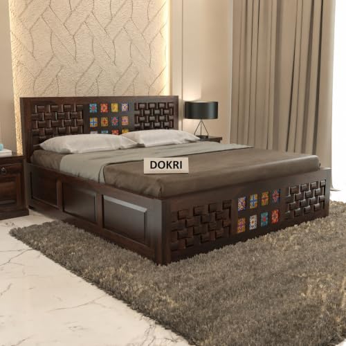Image of Furniture Sheesham Wood King Size Bed with Storage Box | Wooden Box Bed King Size Double Cot Bed with Storage | Premium Niwar Tile Design Headboard Bed for Living Room | Walnut Finish