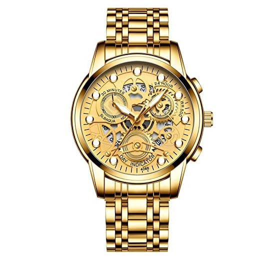 Avaner Reloj de Hombre Moda, Diseño Hueco Marcar con Escala De Puntos, Manecillas Luminosas, Función De Calendario, Correa De Acero Inoxidable, Reloj De Cuarzo para Hombre, Caja y Esfera Doradas