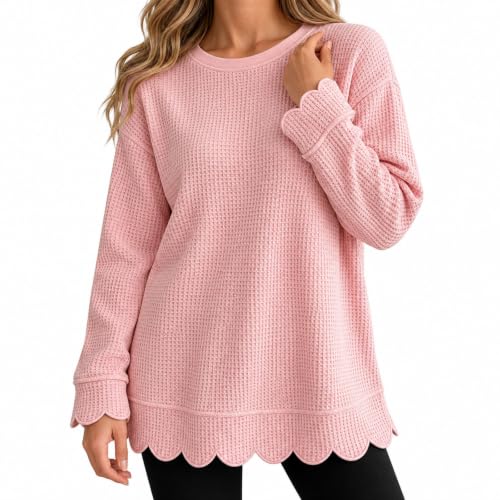 Women Tunic Scalloped Sweatshirt Crewneck Long Sleeve Waffle Knit Tops - image 2