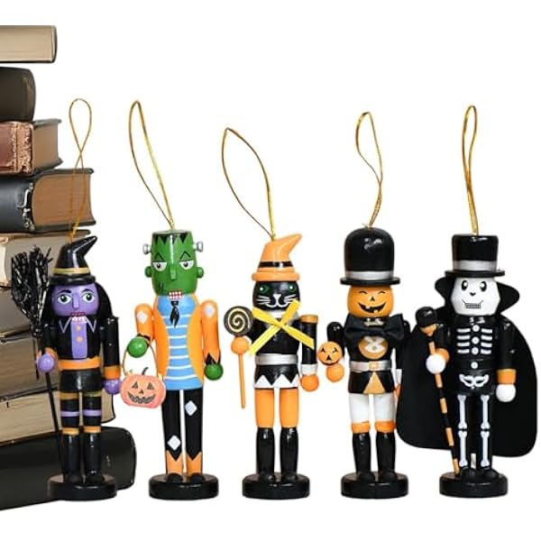 Drewniana Ozdoba Dziadek Do Orzechów Na Halloween | Zestaw 5 Drewnianych Ozdób Imprezowych - Halloween Dziadek do Orzechów - Na Choinkę, Święta, Dom, Biuro, Klasę, Okno, Nawiedzony Dom