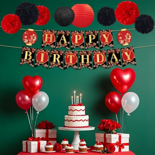 Image of Hibachi Birthday Party Decorations - 12 Pcs Pre-Strung Red Black Gold Cherries Flower Banner, Japanese Style Chinese Lanterns Decor Paper Flowers, Happy Birthday Party Supplies for Men Women