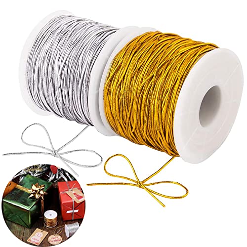 2 Rollen Metallische Elastische Schnüre, Schnüre Band Metallisch, Metallic Lametta Cord Rope, Stretch Metallic Cord, für Weihnachtsgeschenkverpackung Hängende Karte DIY Craft (Silber und Gold) Cover