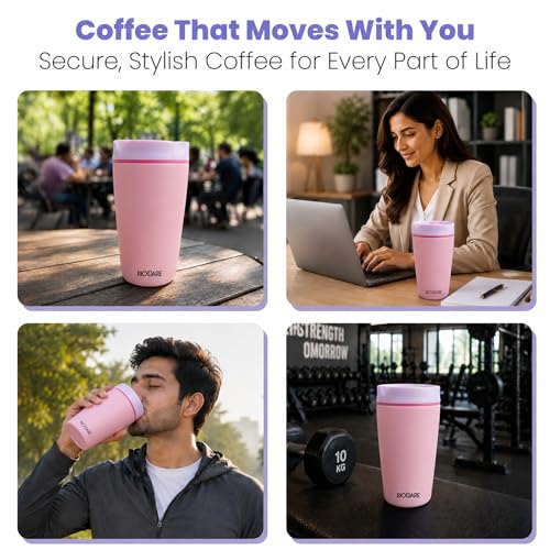 Image of Rioware Vacuum Insulated Coffee Mug Travel Tumbler for Men | Tea Thermos Flask Mugs | Temperature Control Traveling Spill Proof Sipper Bottle | Hot 8 Hrs & Cold 12 Hrs - 350ml - Pink