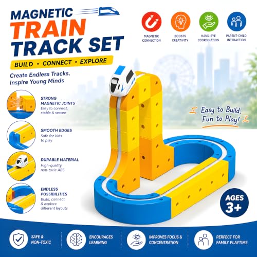 Image of Cable World Magnetic Adventure Train Track Set for Kids, 107 PCS DIY Magnetic Suspended Orbit Racing Track with 1 USB Rechargeable Magnetic Train, Wall Climbing Suction Track for Kids 3+