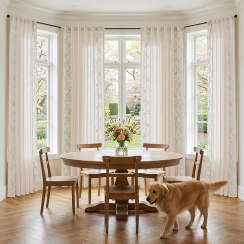 Image of jinchan Floral Linen Curtains, Back Tab 50x84 Inch, 2 Panels Sage