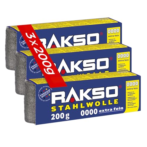RAKSO Stahlwolle extrafein 0000-600 g, 3 Banderolen à 200g, poliert gewachstes Holz, Kupfer, Messing, mattiert Oberflächen, säubert Glas