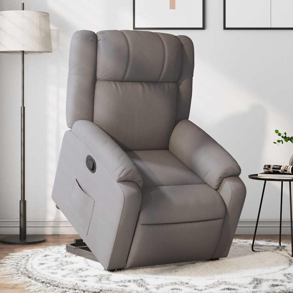 Fotel relaksacyjny z funkcją wspomagania wstawania, materiał taupe, elektrycznie regulowany, tapicerowany, z podłokietnikami i funkcją leżenia, ergonomiczny, do salonu, biura, czytania i