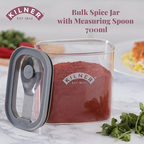 Image of Kilner Fresh Storage Bulk Spice Jar 700ml Glass Food Container with Silicone Valve Lid | Airtight, Stackable Design with Integrated Measuring Spoon | Ideal for Spices, Herbs and Seasoning
