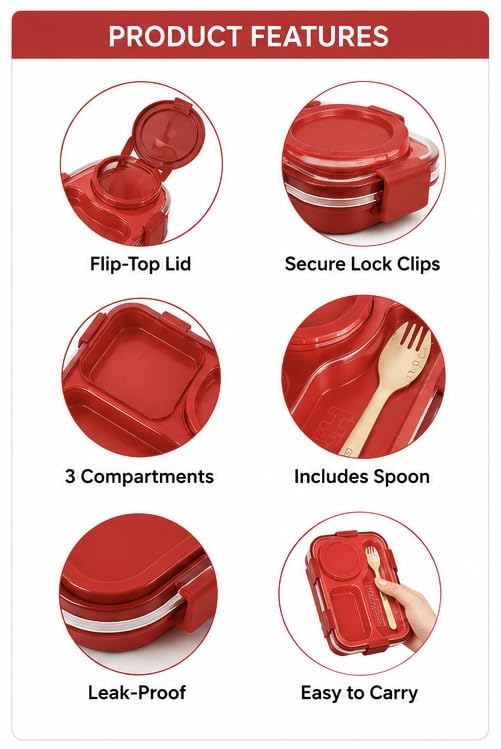 Image of Lunch Box with Compartments and Spork, Red