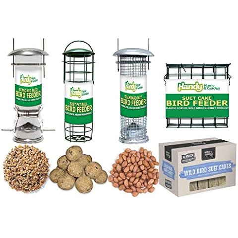 Handy Home and Garden Set of 4 x Deluxe Nut, Seed, Fat Ball and Suet Cake Feeders with 1KG bag of Peanuts, 1KG bag of Mixed Seeds, 6 Fat Balls and 6 Suet Cakes Wild Bird Feed Cover