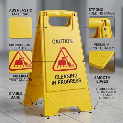 Image of Cleaning in Progress Caution Sign Board - Foldable ABS Plastic Safety Warning Stand for Floor Cleaning Areas, Indoor & Outdoor Use