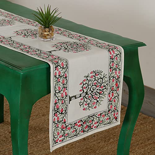 Image of Ravaiyaa - Attitude is Everything Hand Block Printed Cotton Table Runner | Floral Printed Table Runner for Home Decor, Kitchen | 60 x 16 Inch-(Green Tree)