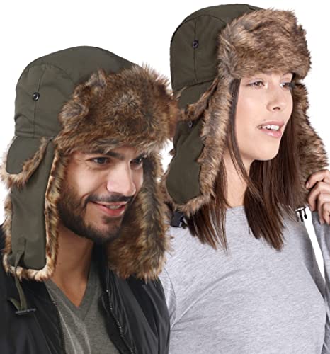 Tough Headwear Russian Trapper Hat – Water-Resistant Ushanka for Men & Women with Chin Strap & Ear Flaps Army Green