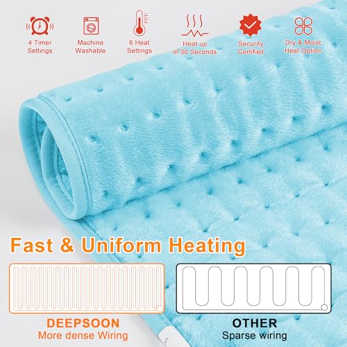 Image of Deepsoon Heating Pad,Electric Heating Pads for Back,Neck,Moist Heating Pad for Abdomen Shoulder Knee Legs,Dry /Moist Heat&Auto Shut Off,Mother's Day Birthday for Men and Women,Light Blue,24x12 Inch