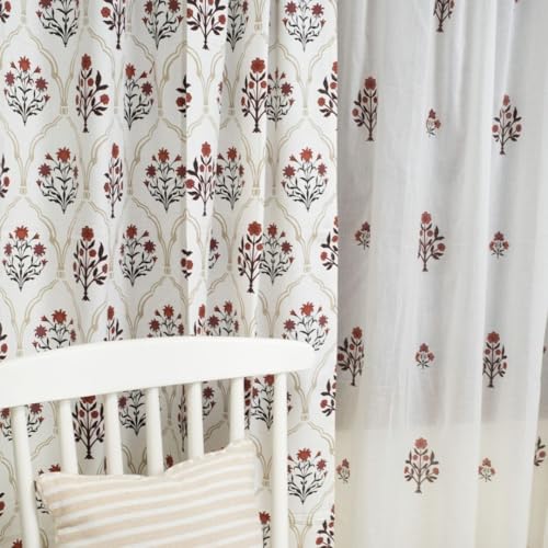 Image of Peepul Tree Pure Cotton and fine Mulmul Curtain Set of 2 Printed and 2 Sheer Curtain | Rust and Maroon | 7 ft | Set of 4 | Royal Courtyards Collection