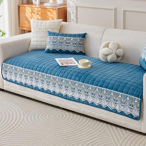 Image of HOKIPO 'BelleLace Series' Imperial Milk Velvet Sofa Cover Mat with Lace Design| Make Your Own Sofa Cover Set, Mat Length 90(D) x 60(L) cm, Celdaon Blue (NEW-AR-5962-BL)