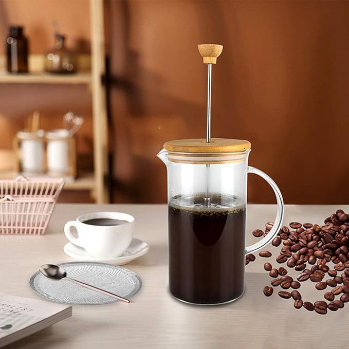 Image of SINVEXA 800ml French Press Coffee Maker - Premium Borosilicate Glass Coffee Maker with Wooden Lid & Cork Base, Stainless Steel Filter Mesh, Heat Resistant, Durable [Pack of 1]
