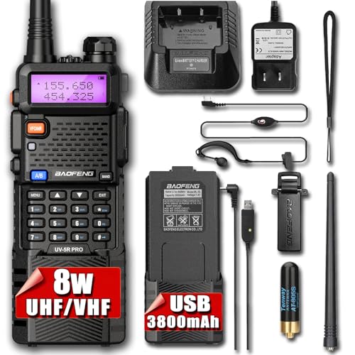 BAOFENG UV5R Pro 8W Handheld Ham Radio 10 Mile Long Range Ham Radio Dual Band Walkie Talkies with 3800mAh Rechargeable Battery and Earpieces Two Way Radios Outdoor Portable Emergency Radios for Adults