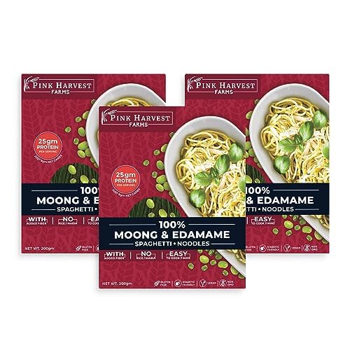 Image of Pink Harvest Farms Moong & Edamame Spaghetti Noodles | No Rice - No Maida | Vegan | Gluten Free | High Protein | 3 x 200gm Pack