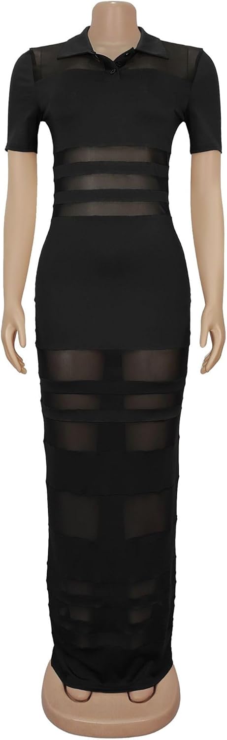 Sexy Mesh See Through Maxi Dress for Women Short Sleeve Polo Collar Bodycon Club Party Dress Night Out Cover Up - Image 3