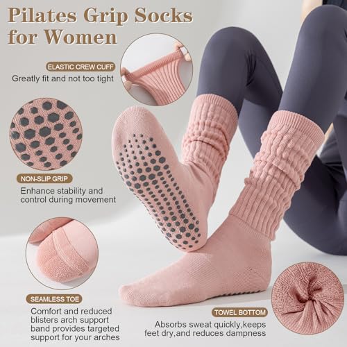 Pilates Socks for Women with Non Slip Grippers, Yoga Slouch Long Slipper Socks for Barre Workout Hospital 3 Pairst3
