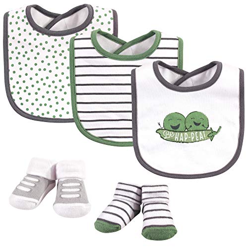 Image of Hudson Baby Unisex Baby Cotton Bib and Sock Set, Peas, One Size